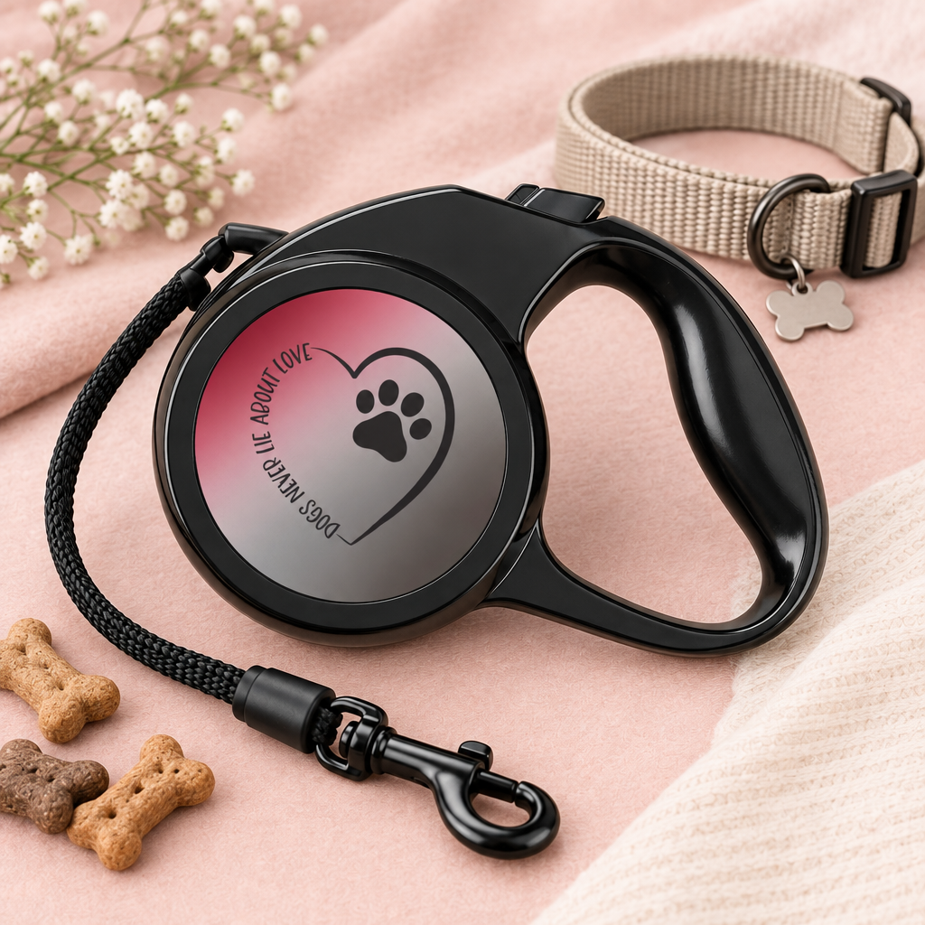 Paw Heart retractable leash with complete heart wording styled with a dog collar and treats