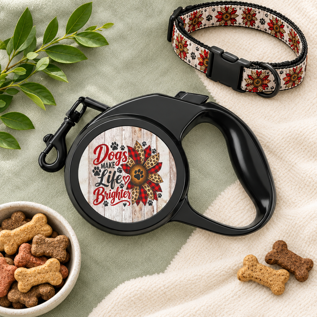 Floral paw retractable dog leash styled with a collar and treats for a cheerful pet gift