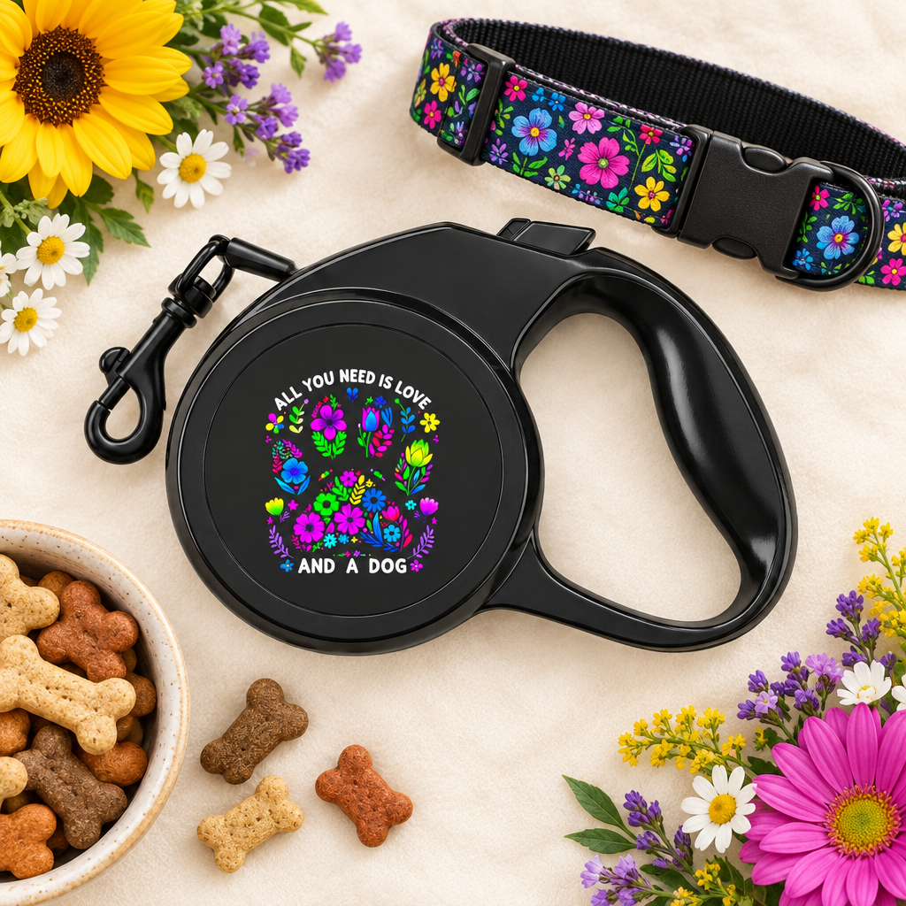 Floral paw retractable leash styled with a dog collar, treats and flowers as a pet gift