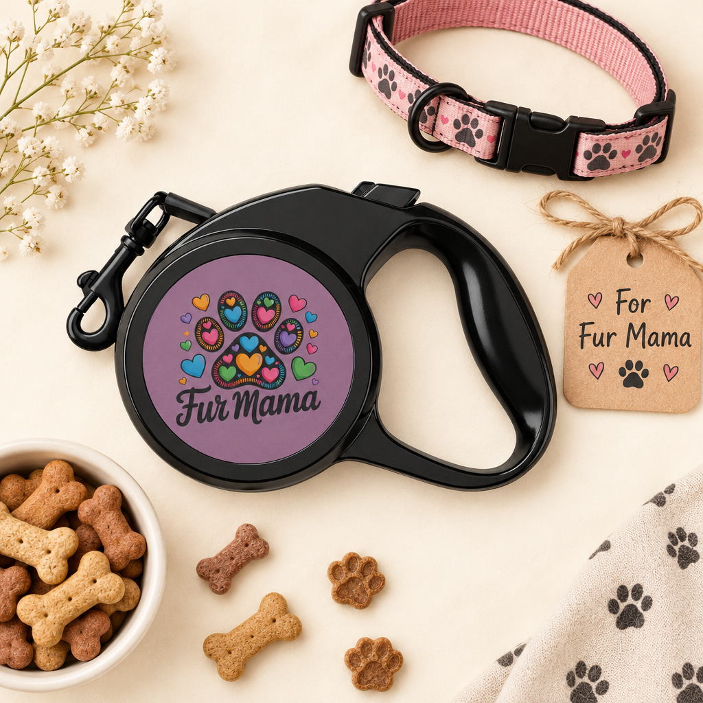 Fur Mama retractable leash in a gift flat lay with a collar and treats