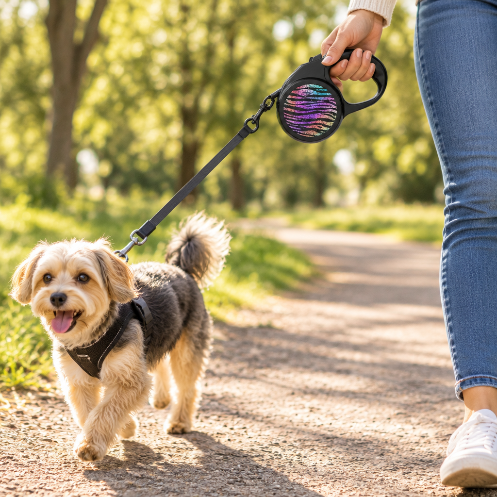 Person walking a small dog with the Rainbow Zebra Print retractable leash on a sunny park trail