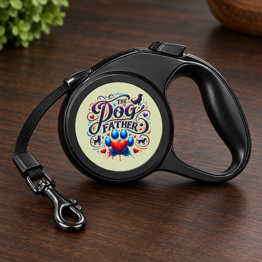 Close-up of The Dog Father retractable leash handle, lock button, and metal clip