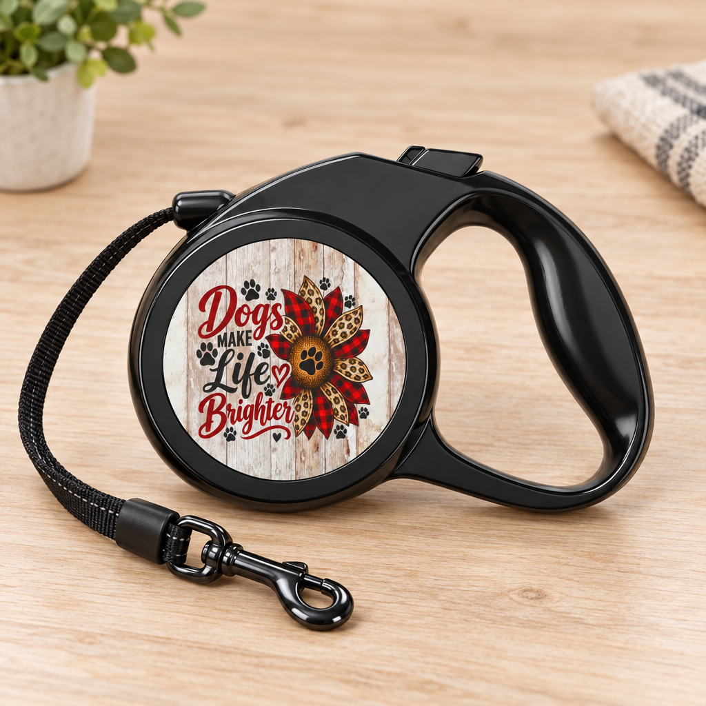 Close-up of the Dogs Make Life Brighter floral paw leash handle, locking button, cord and clip