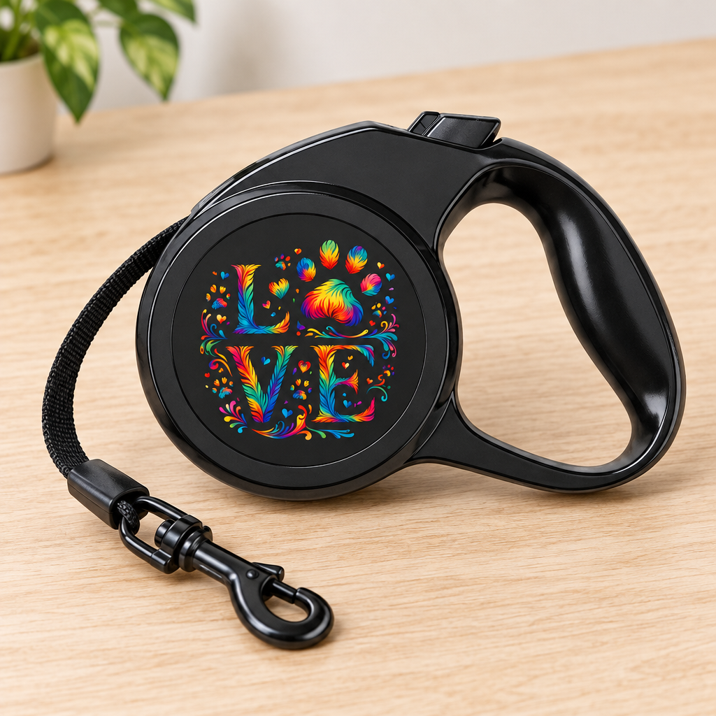 Close-up of the LOVE Rainbow Paw Print retractable leash handle, lock button, and metal clip