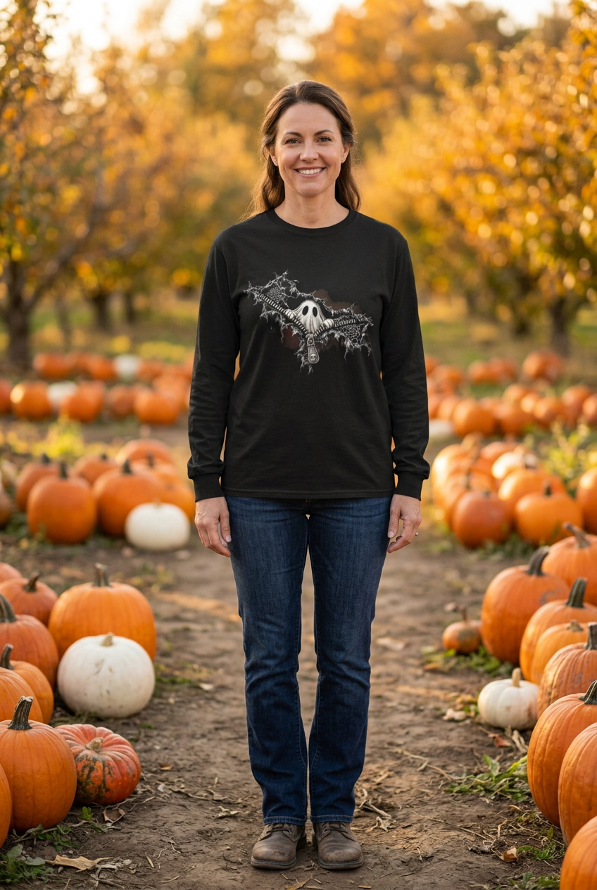 AI lifestyle mockup of a woman wearing a black Gothic Ghost zipper-design long sleeve T-shirt at a pumpkin patch.