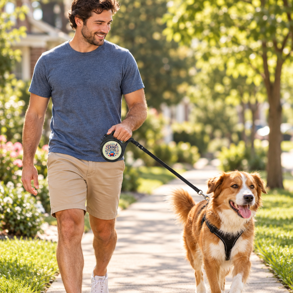 Man walking a dog on a sunny sidewalk with The Dog Father retractable leash