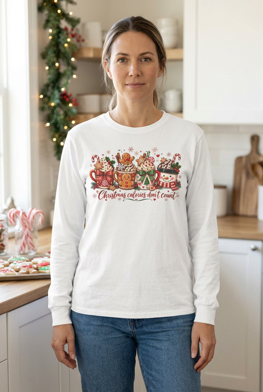 AI lifestyle mockup of a woman wearing a white Christmas Calories Don't Count long sleeve T-shirt with festive cocoa mugs in a holiday kitchen.