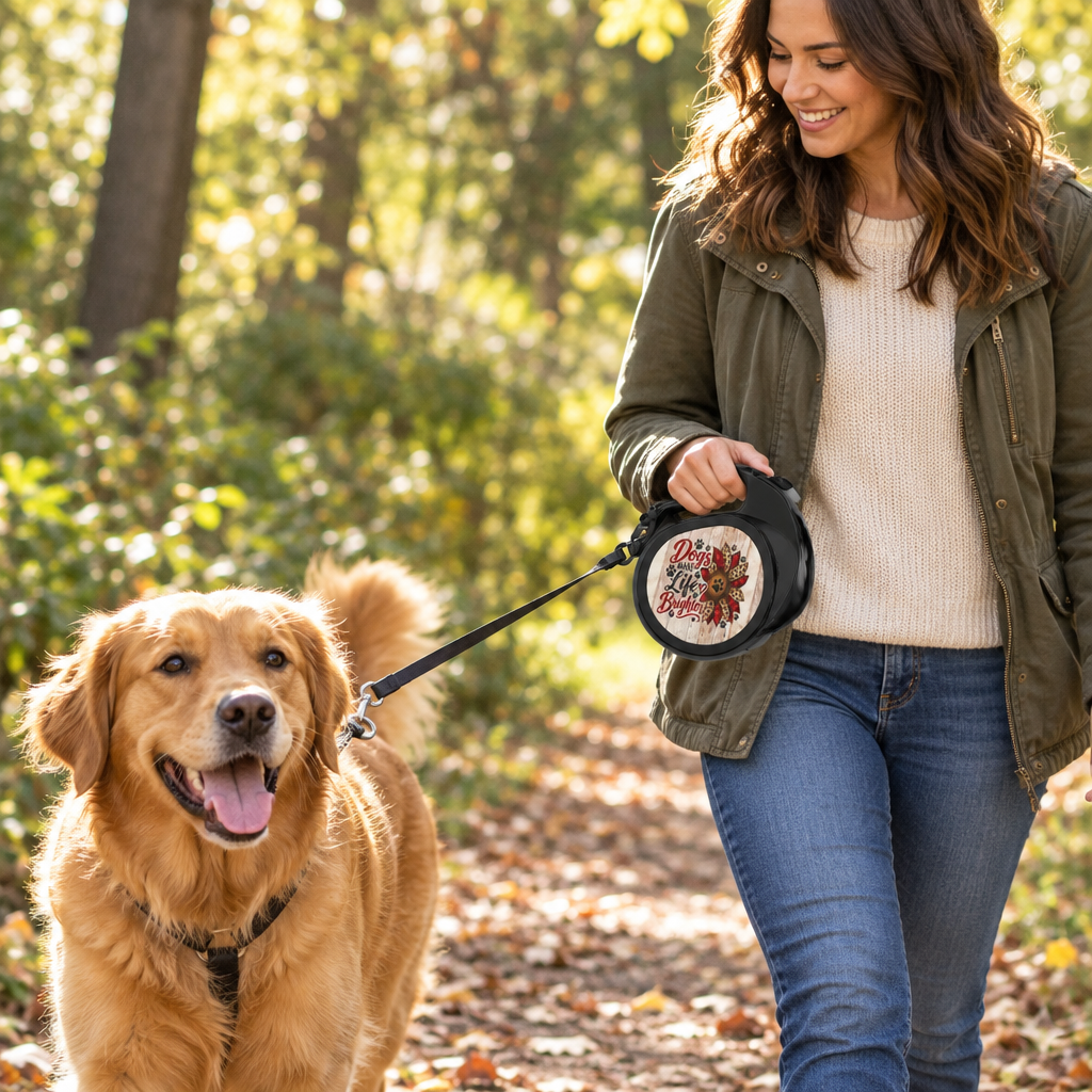 Owner walking a dog on a park trail with the Dogs Make Life Brighter floral paw retractable leash