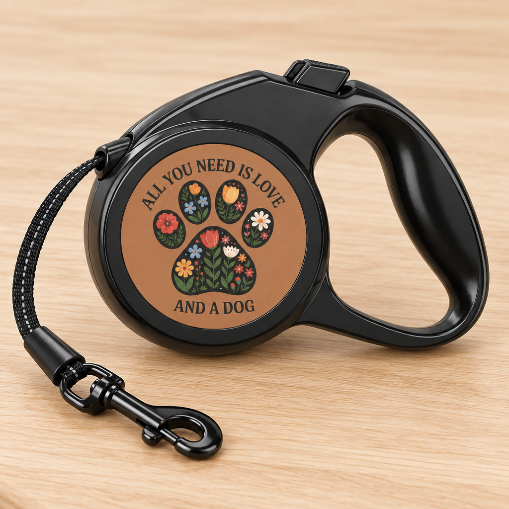 Close-up of the All You Need Is Love retractable leash handle, lock button, and metal clip