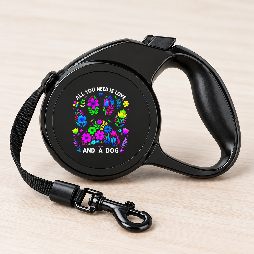 Close-up of the All You Need Is Love and a Dog retractable leash handle, locking button, cord and clip