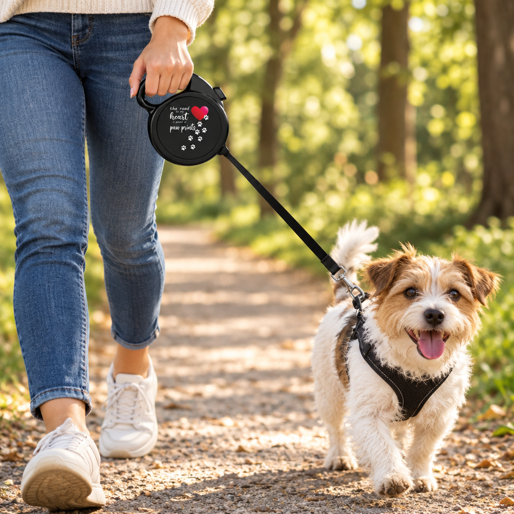 Person walking a small dog on a park trail with the Paw Prints heart retractable leash