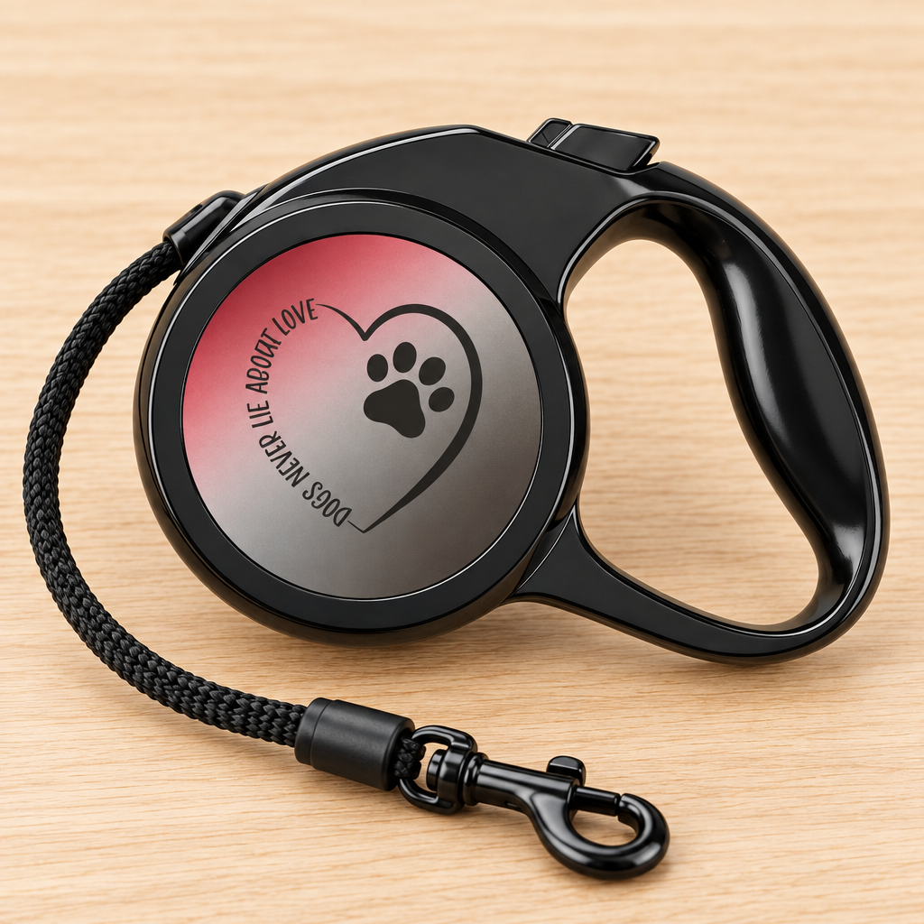 Close-up of the Paw Heart retractable leash with the complete Dogs Never Lie About Love wording around the heart and paw print