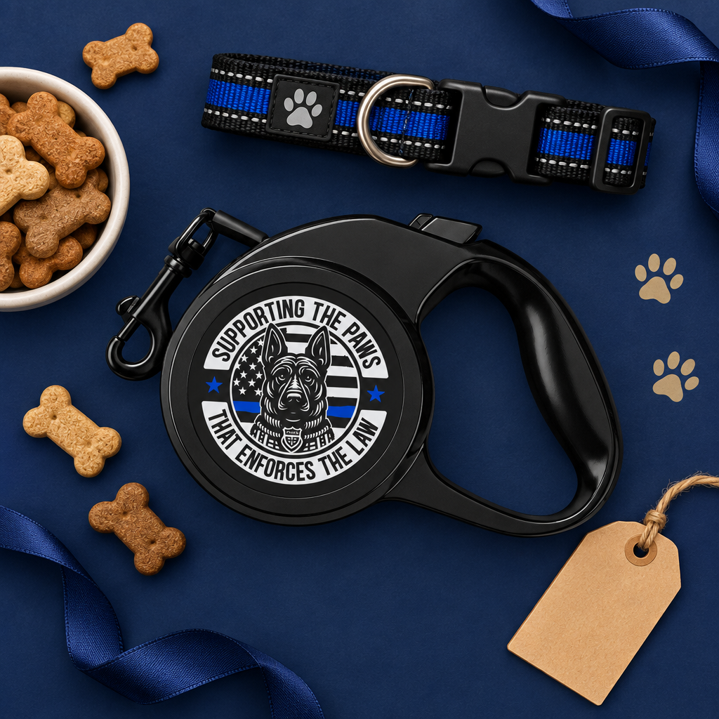 Police K9 retractable leash in a gift flat lay with a collar and treats on navy blue