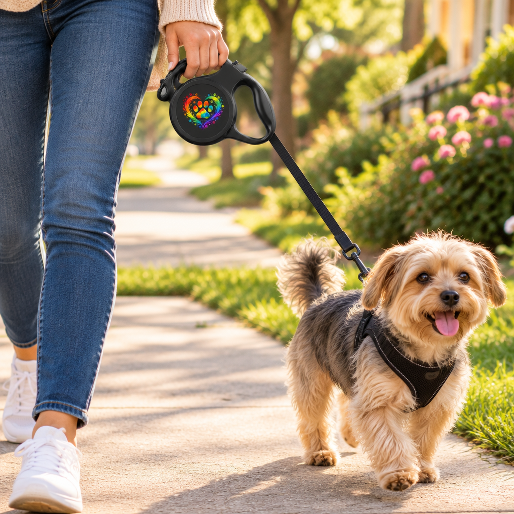 Person walking a small dog with the Rainbow Paw Heart retractable leash on a sunny sidewalk