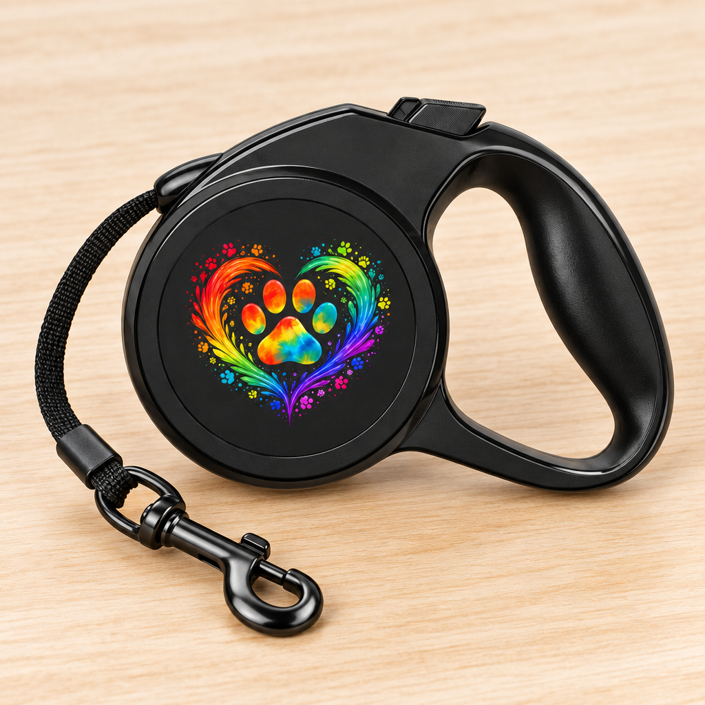 Close-up of the Rainbow Paw Heart retractable leash handle, lock button, and metal clip