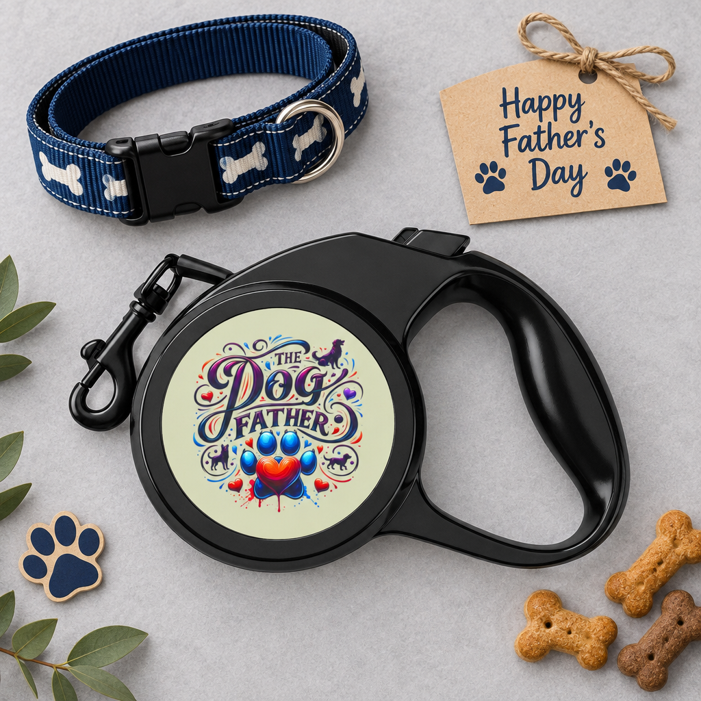 The Dog Father retractable leash in a Father's Day gift flat lay with a collar and treats