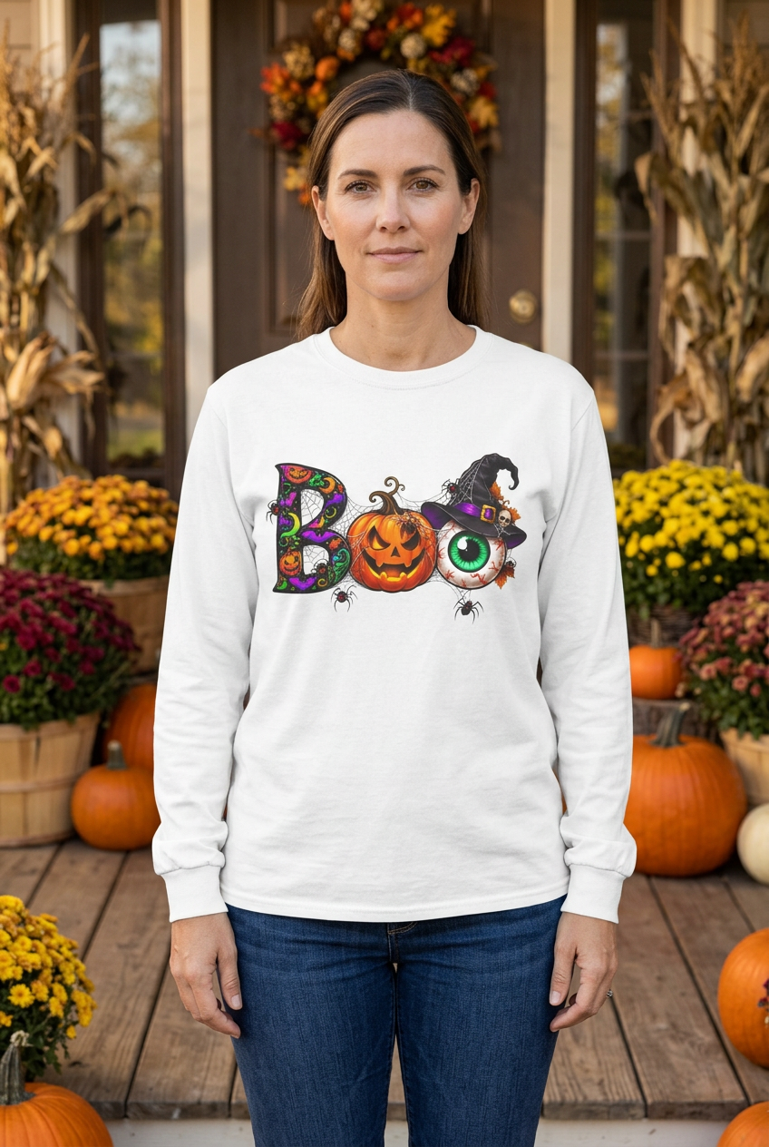 AI lifestyle mockup of a woman wearing a white Halloween Boo long sleeve shirt with pumpkin and witch-hat eyeball artwork on an autumn porch.