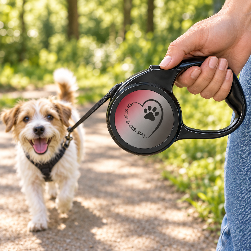 Dog walker holding the Paw Heart retractable leash with its full heart lettering visible on a park path