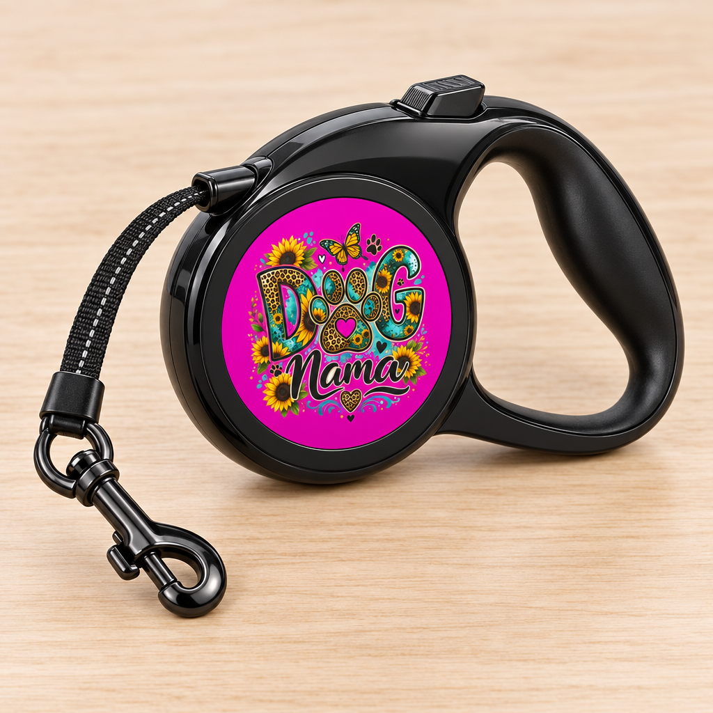 Close-up of the Dog Mama floral retractable leash handle, lock button, and metal clip
