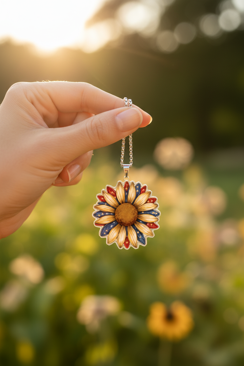 Patriotic Sunflower Necklace Held in Hand