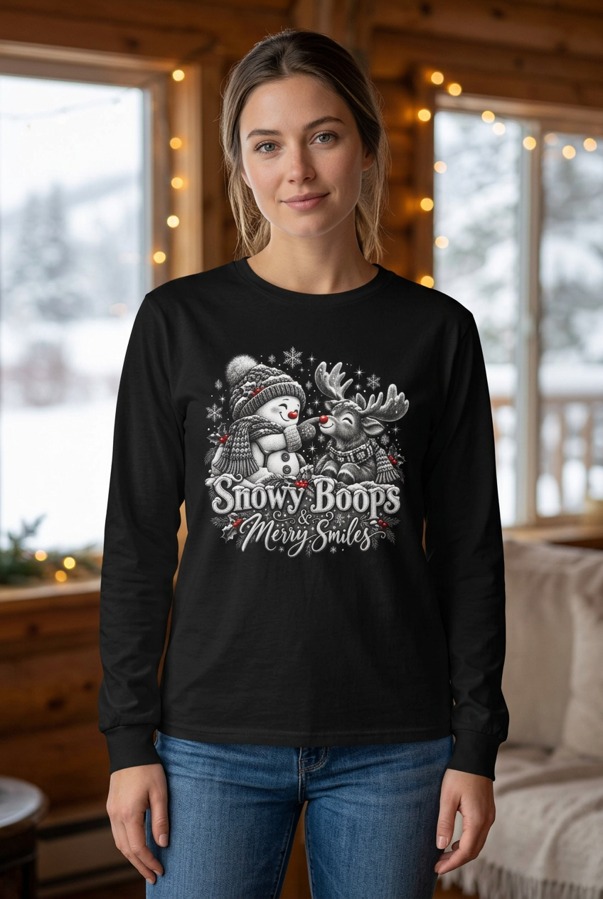 Snowy Boops Christmas shirt lifestyle mockup in a cozy cabin